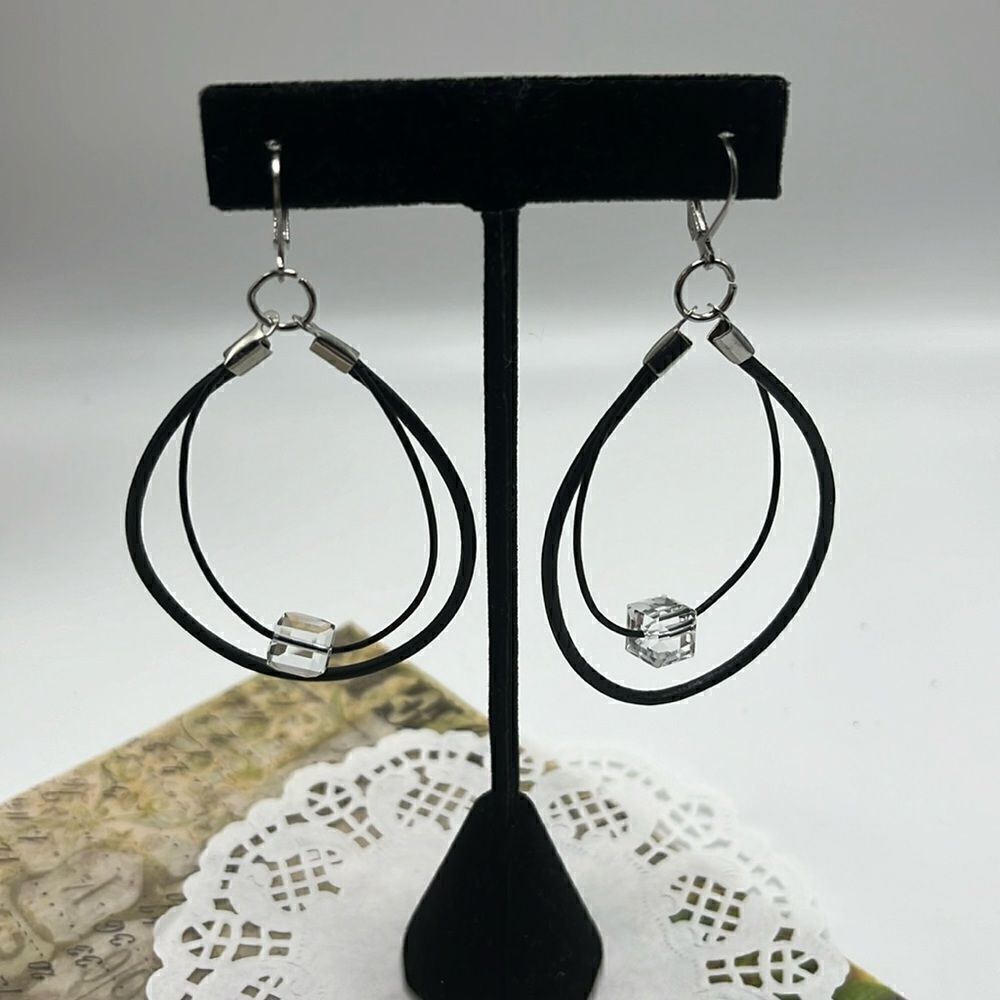 Swarovski Crystal Black Two Leather Cord Dangle Earrings-  Handmade NEW